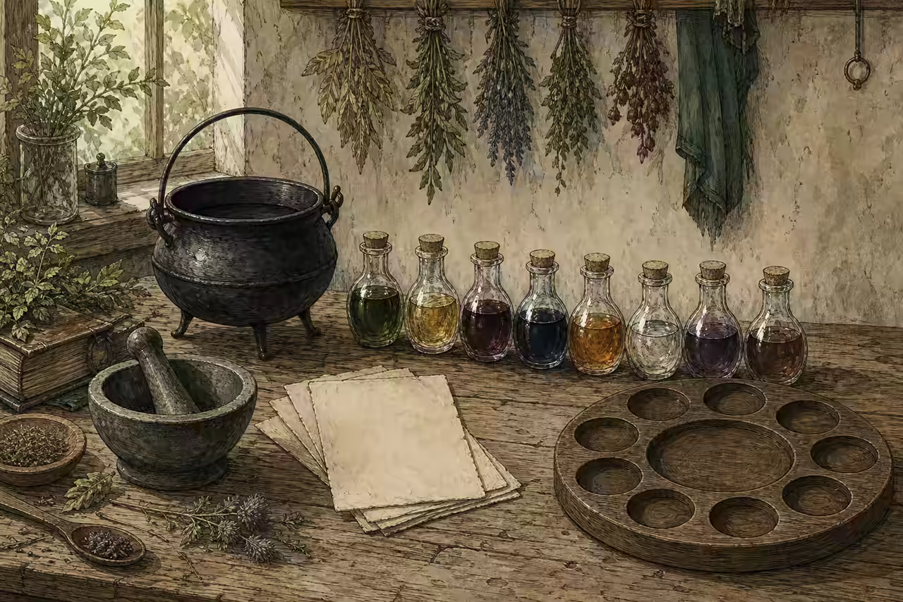 Editorial alchemy workbench with potion bottles, herbs and a recipe notebook