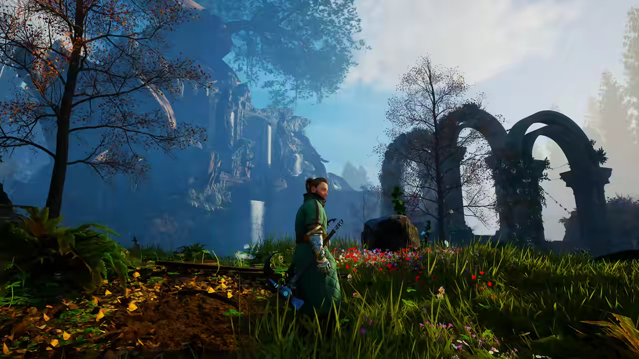 Official promotional screenshot of a player approaching weathered stone ruins
