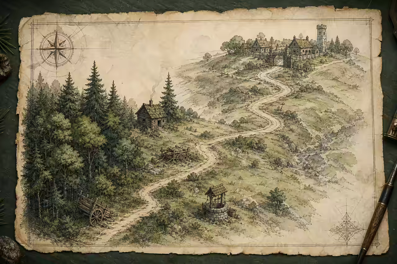 Editorial field map showing a forest route past a cabin, carts, a well and a hamlet